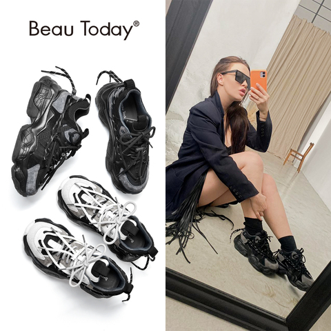 BeauToday-Zapatillas gruesas de malla de cuero para mujer, zapatos informales con suela de plataforma de encaje doble, hechos a mano, 29393 ► Foto 1/1