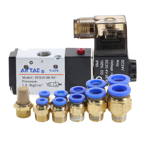 Accesorios Neumáticos 3 vías 2 posiciones aire direccional válvula solenoide de Control 3V210-08 DC12V DC24V AC110V AC220V silenciador ► Foto 1/6