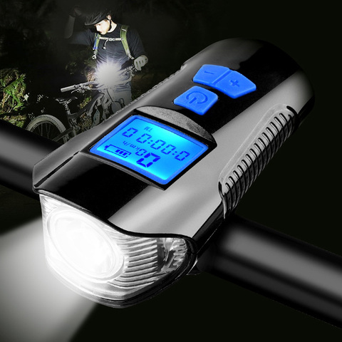 Luz frontal para manillar de bicicleta, resistente al agua, con carga USB, bocina y linterna con medidor de velocidad, pantalla LCD ► Foto 1/6