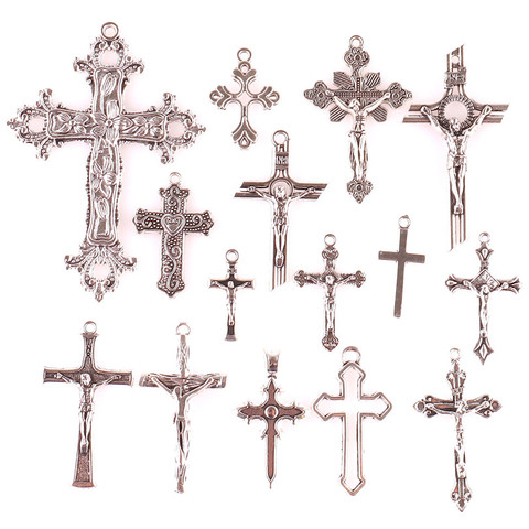 15 uds. De dijes de cruz cristiana colgantes plateados de plata antigua, hechos a mano, componentes de joyería de plata tibetana 23297 ► Foto 1/4