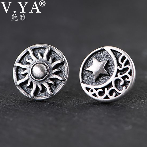 V.YA-pendientes plata de primera ley forma Luna y sol para mujer, aretes pequeños, plata esterlina 925, estilo creativo, asimétrico ► Foto 1/6