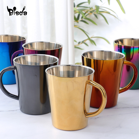 Taza de café de acero inoxidable, taza de leche portátil con mango, tazas con arcoíris de doble pared, vaso de viaje, tazas de té leche, 300ml ► Foto 1/6