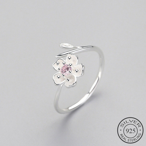 Anillo ajustable de flor de ciruela esmaltada de circón de Plata de Ley 925 auténtica, joyería fina elegante para mujer, bisutería de fiesta romántica ► Foto 1/5