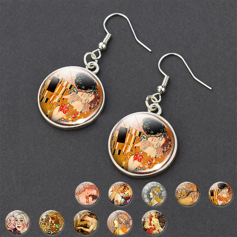 Klimt's Kiss-pendientes colgantes con pintura al óleo para mujer, aretes de tuerca, joya de cúpula de cristal, pendientes delicados con gancho para la oreja ► Foto 1/6