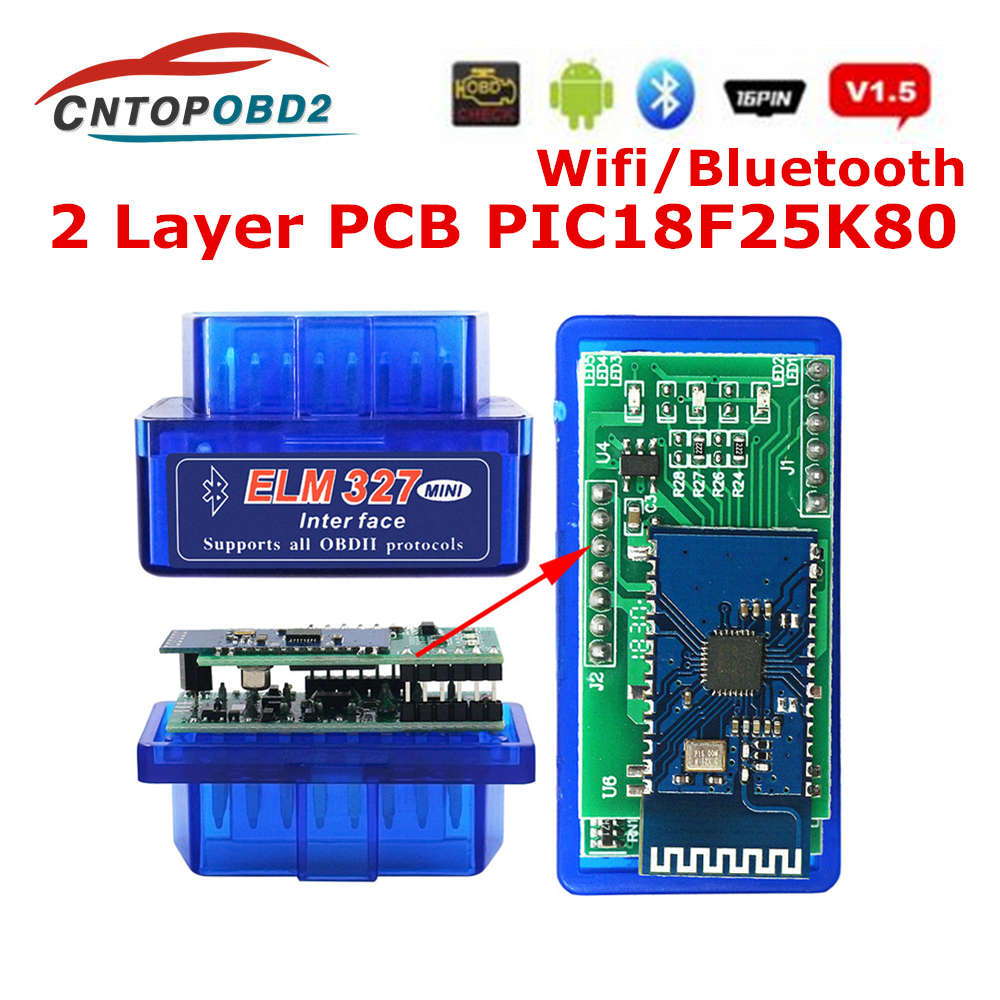 2Layer Hardware V1.5 Chip PIC18F25K80 ELM327 Bluetooth V1.5 Auto Leitor de  Código Super MINI