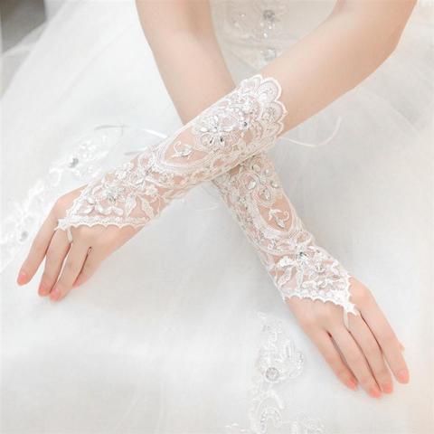 Guantes Blancos cortos de boda para mujer, guantes para novia sin dedos,  elegantes, con diamantes de imitación, de encaje blanco, accesorios de boda  para novia - Historial de precios y revisión