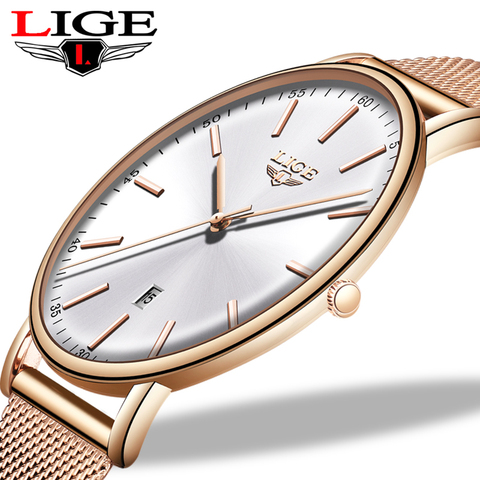 LIGE s-Reloj de pulsera de acero inoxidable, informal, ultrafino, de cuarzo, resistente al agua, de lujo, para mujer ► Foto 1/6