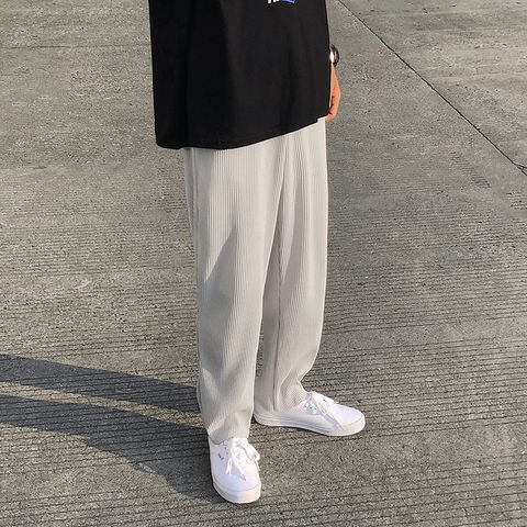 Pantalones rectos plisados para hombre, pantalón informal, Color sólido, cintura elástica, holgado, de seda helada japonesa ► Foto 1/6
