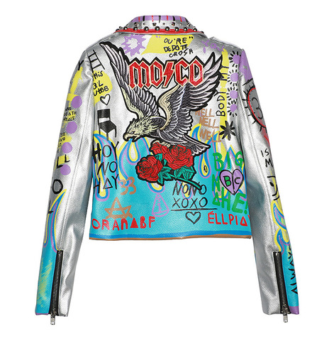 Chaqueta de cuero pu para mujer, chaqueta de talla grande 4XL con abalorios de grafiti, estilo Punk, chaqueta de cuero bordado para motocicleta, abrigos, ropa de calle F803 ► Foto 1/6