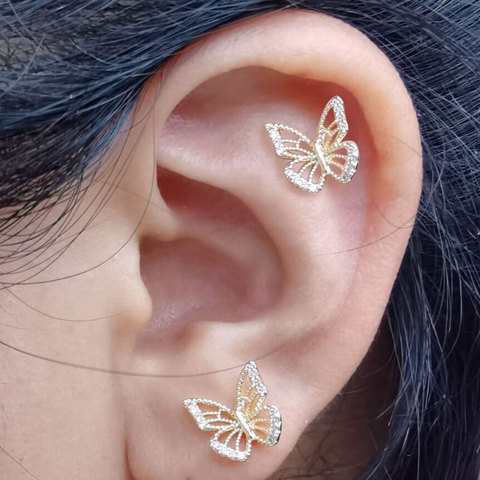 Nueva llegada lindo dorado pequeño mariposa pendientes para las mujeres Piercing para cartílago de la oreja broche de oro pendiente con AAA Cubic Zircon ► Foto 1/6