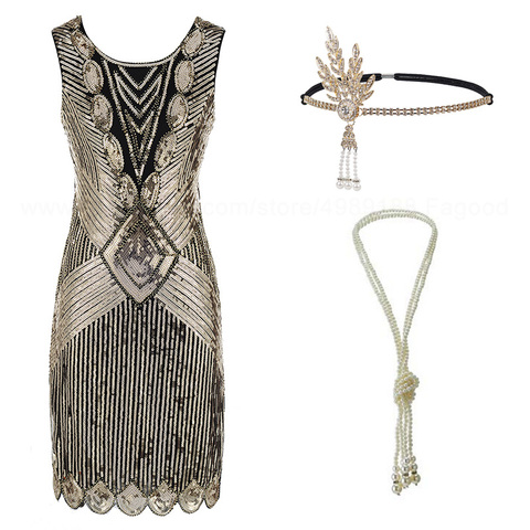 Disfraz del gran Gatsby de los años 1920, traje con Flapper Roaring de los años 20, vestido de lentejuelas con flecos y adornos, accesorios de vestir Art Deco XXXL ► Foto 1/6