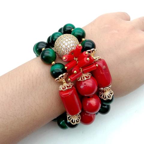 Pulsera de 3 hebras de circonia cúbica para mujer, brazalete con Micro cuentas pavé, colores rojo Coral, Ojo de Tigre verde, 8