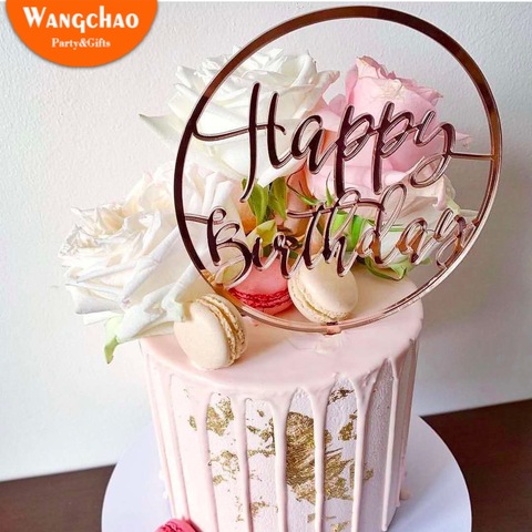 Acrílico nuevo oro rosa Topper para tarta de feliz cumpleaños niño niña decoraciones para fiesta de cumpleaños bebé ducha barra de caramelo pastel suministros ► Foto 1/6