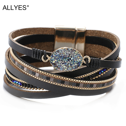 ALLYES-pulsera de cuero con cuentas de piedras para mujer, brazalete ancho con múltiples capas de diamantes de imitación, joyería Bohemia ► Foto 1/6