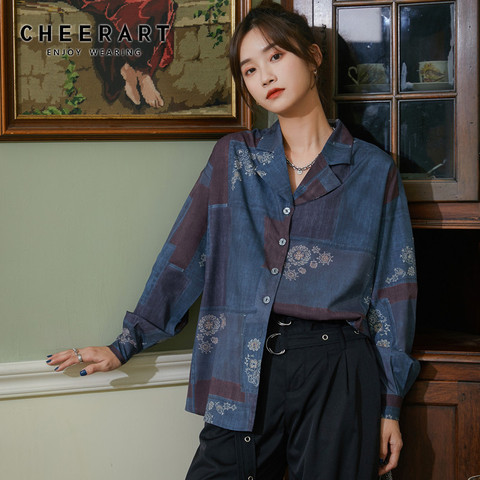 CHEERART-camisa con cuello abotonada para mujer, Blusa de manga larga azul con estampado Floral y solapa, ropa de moda para otoño, 2022 ► Foto 1/5