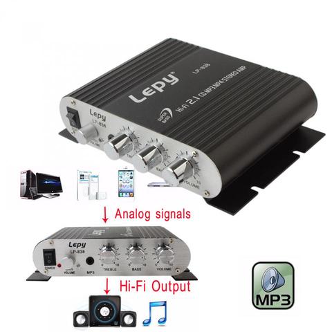 AMPLIFICADOR DE COCHE Lepy LP-838 Hi-Fi 2,1 MP3 Radio Audio estéreo bajo altavoz Booster Player para moto hogar sin enchufe de alimentación ► Foto 1/6