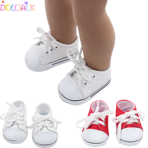 De moda de 43cm nuevo bebé muñeca zapatos de lona zapatillas de deporte Zapatos para 18 muñeca para niñas pulgadas accesorios zapatos Roundhead de encaje zapatos calcetín ► Foto 1/6