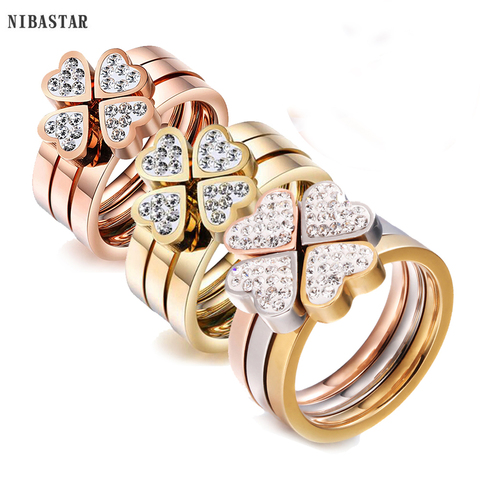Precioso conjunto de Tres anillos para mujer, de acero inoxidable, tres colores, anillo de trébol de cristal con cristales ► Foto 1/6