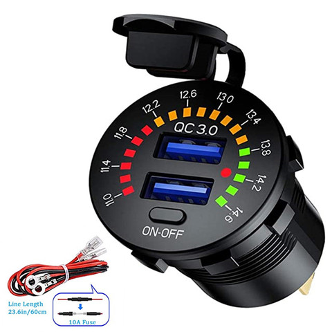 Cargador de mechero de coche, impermeable, con voltímetro LED, interruptor de encendido/apagado, 12V-24V, QC 3,0, USB Dual, adecuado para barco y coche ► Foto 1/1