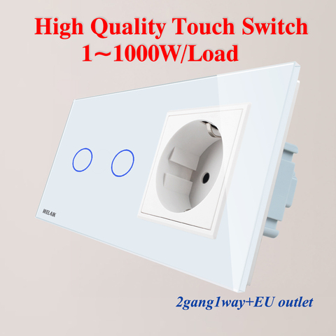 Welaik marca 2 Marco panel de cristal interruptor de pared UE Interruptor táctil pantalla UE Wall socket 2gang1way AC110 ~ 250 V A29218ECW/b ► Foto 1/5