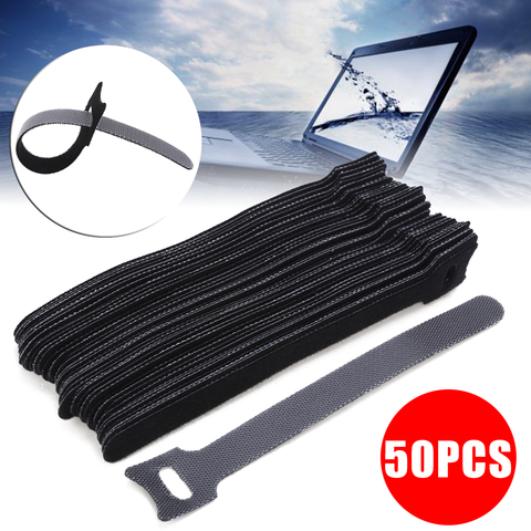 50 unids/lote de Nylon negro Cable de lazo correa de gancho y bucle pegajoso respaldado Winder cinta de Cable ordenado Cable organizador personalizado Cable Protector ► Foto 1/6