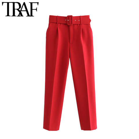 TRAF-Pantalones elegantes de cintura alta con cinturón para Mujer, ropa de oficina con bolsillos y cremallera Vintage, pantalones tobilleros ► Foto 1/6