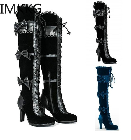 Botas góticas clásicas para mujer, botines de piel vegana hasta la rodilla con lazo Punk, color negro, Cosplay ► Foto 1/6