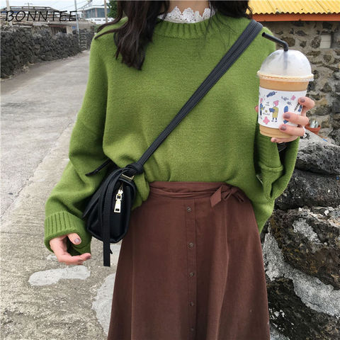 Suéteres mujeres temperamento elegante Ulzzang sólido manga de moda señoras suéter de invierno suave Preppy Basic mujer, ► Foto 1/6