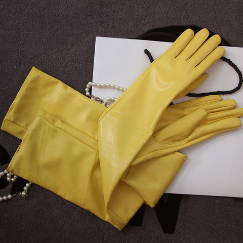 Guantes largos para mujer, amarillo, sexy, Delgado, de cuero genuino, guante de señora para actuación en club formal, para fiesta, de piel de oveja, Guante largo 60cm 2022 ► Foto 1/6