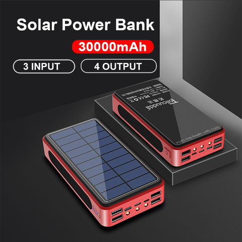 Banco de energía Solar de 30000mAh, 4 USB, batería externa, carga portátil con luz LED, 3 entradas, para teléfono móvil ► Foto 1/6