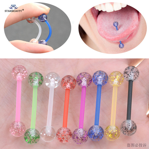 Starbeauty 8 unids/lote suave acrílico Barbell sexo lengua Piercing Anillos para lengua intermitente en polvo tetina de plástico anillo de oreja joyería del cuerpo ► Foto 1/6