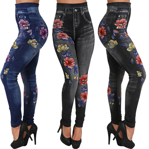 Mallas vaqueras con estampado Floral para mujer, Leggings de talla grande, informales, con cintura alta ► Foto 1/6