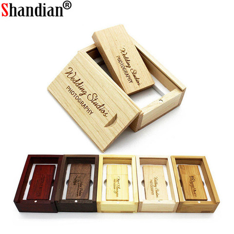 SHANDIAN (logotipo gratuito de más de 10 Uds.) memoria USB de madera + caja pendrive 8GB 16GB 32GB logotipo personalizado para fotografía regalo de boda ► Foto 1/6