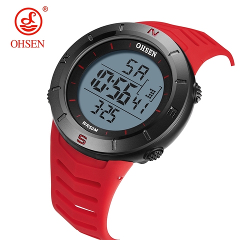 Reloj Digital para hombre, electrónico, Led, de pulsera, deportivo, resistente al agua, cronómetro de silicona roja, relojes militares de buceo ► Foto 1/6