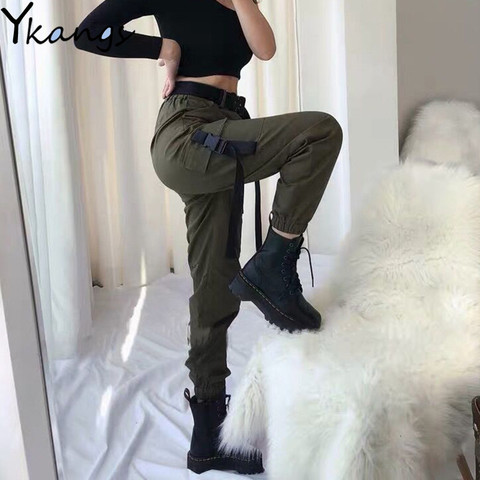 Pantalones Cargo Armygreen con cinturón, pantalones Capri informales de cintura alta para mujer, ropa de calle escolar negra Harajuku Joggers de Hip Hop ► Foto 1/6