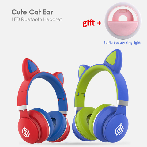 Colorido Oreja de Gato auriculares + anillo de luz autofoto inalámbrico Bluetooth niños Auriculares auriculares bonitos para las hijas regalo con micrófono ► Foto 1/6