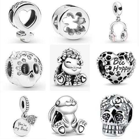 Cuentas finas de Plata de Ley 925 con forma de conejo, abalorios originales compatibles con pulsera Pandora, joyería F038 ► Foto 1/6