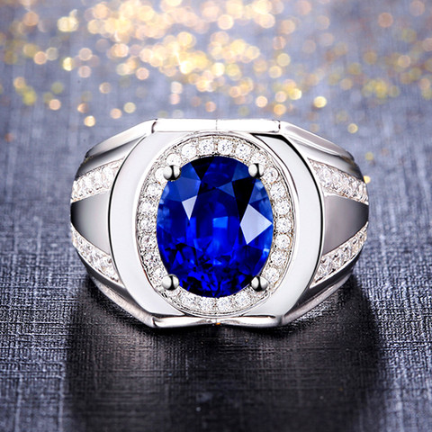 Anillos de zafiro con gemas de cristal azul para hombres y mujeres, circonita, diamantes, oro blanco, plata, color argent, joyería, bisutería, regalos de banda ► Foto 1/6