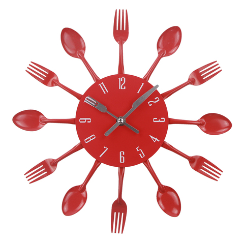 Reloj de pared de acero inoxidable para cocina, cubertería silenciosa con cuchillo y tenedor, cuchara, decoración del hogar, Color Rojo ► Foto 1/6