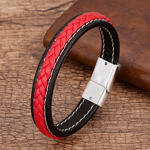 Pulsera de cuero trenzado para Hombre, brazalete de Metal con hebilla magnética, color rojo y negro ► Foto 1/6