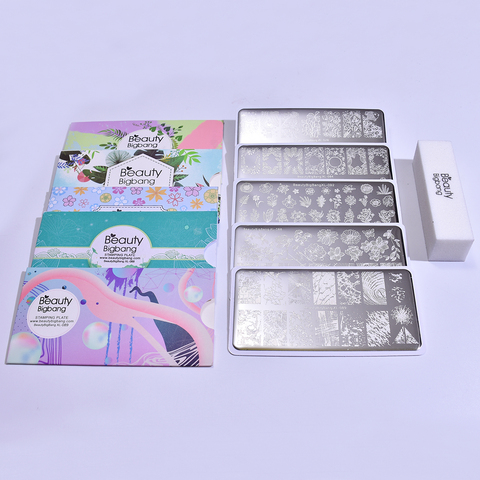 Beautybigbang-Juego de placas de estampado, 5 uds., hierba de acero inoxidable, hojas de flores, imagen de Animal, arte, molde de plantilla con lima de uñas ► Foto 1/6