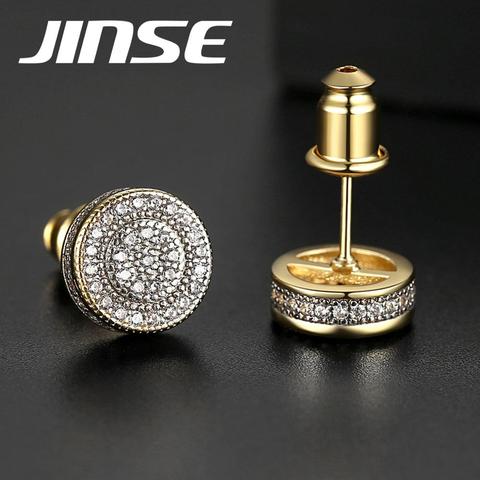 JINSE Punk, pendientes de tuerca redondos de Zirconia cúbica de Color dorado para hombre, pendientes de Micro Cristal de Hip Hop Unisx, joyería de moda para hombre ► Foto 1/6