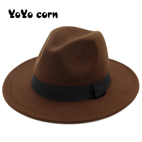 YOYOCORN de lana de invierno a la moda sombrero Fedora para mujer sombrero negro sombreros para hombres ancho simple ala mujer otoño moda Jazz tapa ► Foto 1/6