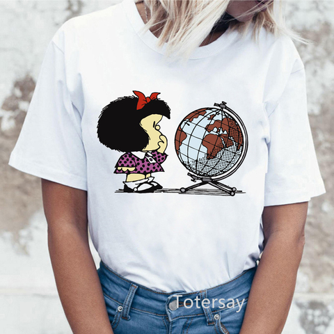 Camiseta de dibujos animados para mujer, playera con estampado de mafalda paren el mundo que me quiero bajar, ropa Harajuku de los años 90 para chica ► Foto 1/6