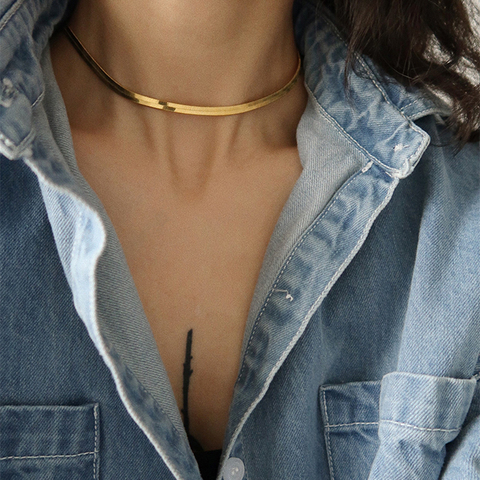 Peri'sBox 2 tamaños serpiente hueso plano collares de oro plata Color de acero de titanio collares para mujeres amplia minimalista collar 2022 ► Foto 1/6