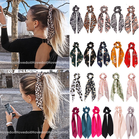 De moda estampado de leopardo arco largo de satén cinta Cola de Caballo bufanda gomas elásticas para atar el pelo mujeres elástico bandas para el cabello accesorios para el cabello ► Foto 1/6