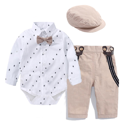 Conjunto de ropa para bebé y niño, Sombrero con lazo Pelele con, traje de verano a rayas de caballero con lazo, conjunto de Mono para niño pequeño, ropa para niño ► Foto 1/6