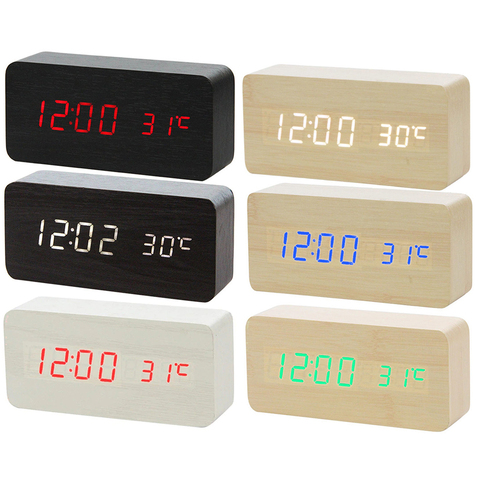Reloj despertador LED cuadrado de madera con Control de sonido Multicolor, termómetro Digital de mesa de escritorio, indicador de fecha, USB/AAA ► Foto 1/6
