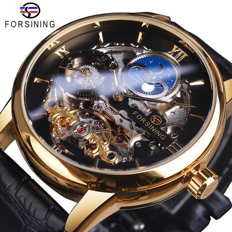 Forsining-reloj mecánico con mecanismo al descubierto doble horario, pulsera de cuero dorado negro, Tourbillon de fase lunar, resistente al agua, automático ► Foto 1/6