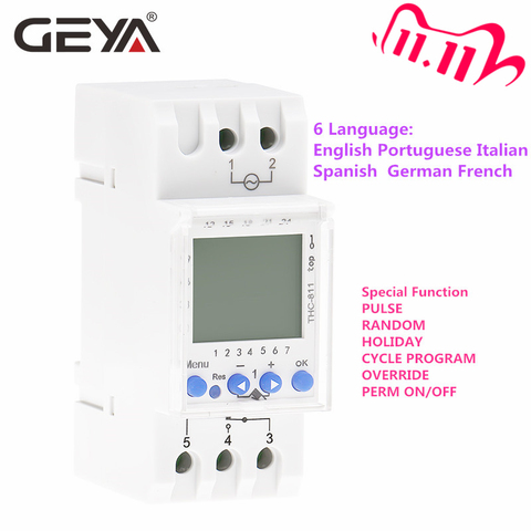 GEYA-Interruptor de temporizador Digital con batería de litio, THC-811 Din Rail, 24 horas, 6 idiomas, semanal, configuración de vacaciones, 16A, 220V ► Foto 1/6